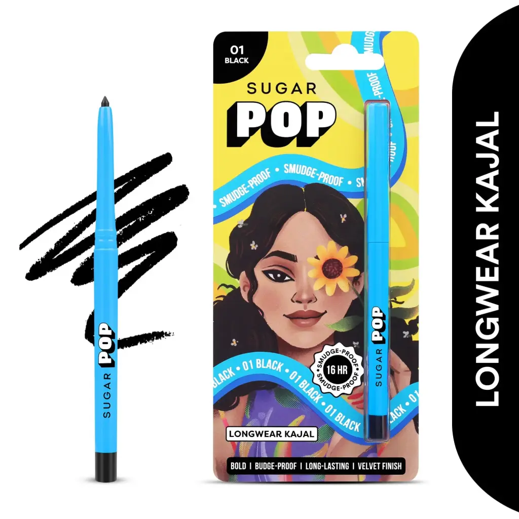 SUGAR POP Longwear Kajal | Vitamin E & Sunflower Seed | Smudge-proof | Long-lasting | Velvet Finish | 0.3gms - 01 Black