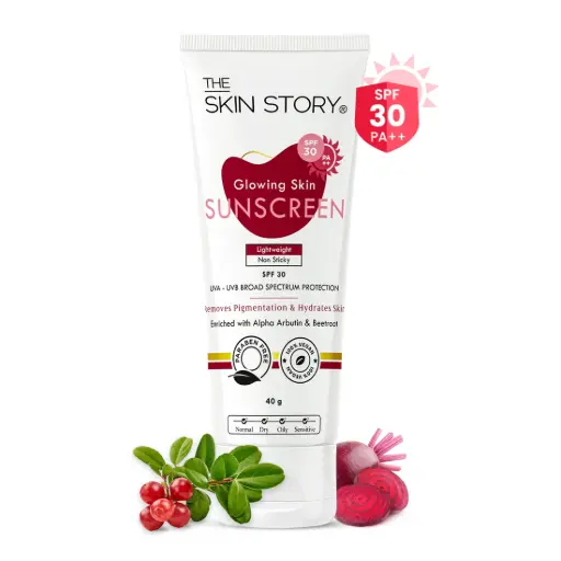 The Skin Story Glowing Skin Sunscreen SPF 30 PA++ Beetroot & Alpha Arbutin | 40g